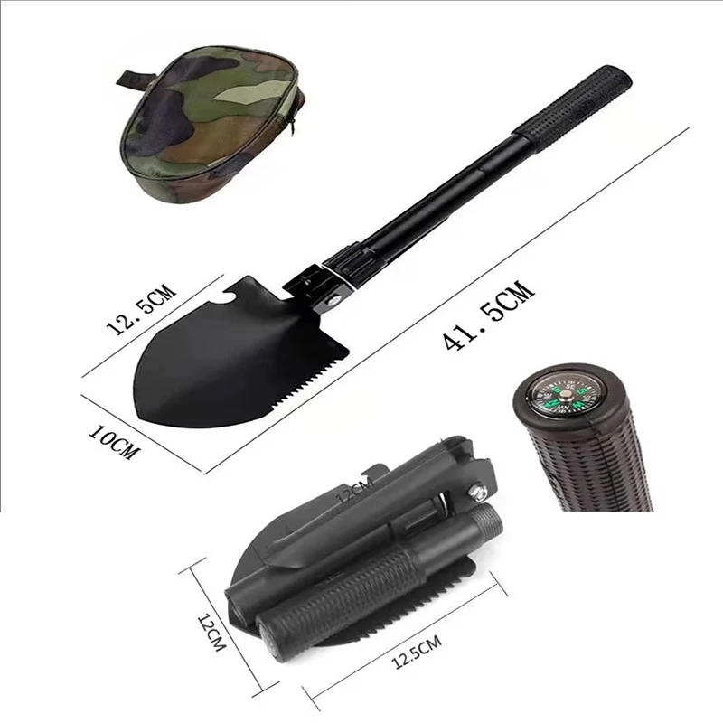 5in-1 Camping Tent Outdoor Shovel Foldable Portable Truck Mounted Engineer Shovel Self-defense Survival Tool Compass Storage Bag