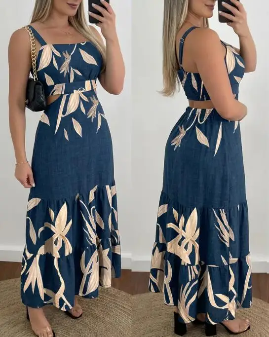 Mode féminine plantes Placement impression découpe taille froncé dos Maxi robe femmes décontracté taille cintrée à volants robes de vacances