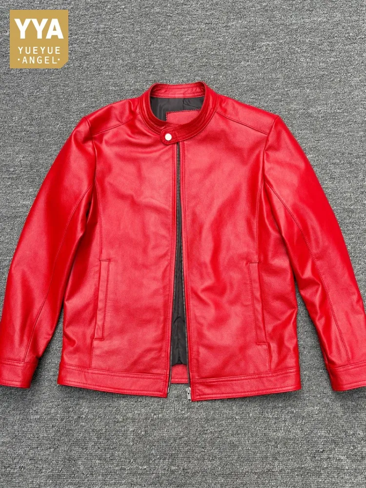 

Мужская кожаная куртка с воротником-стойкой на молнии, однотонная, из натуральной кожи, высокого качества, с длинными рукавами, мотоциклетная верхняя одежда из воловьей кожи