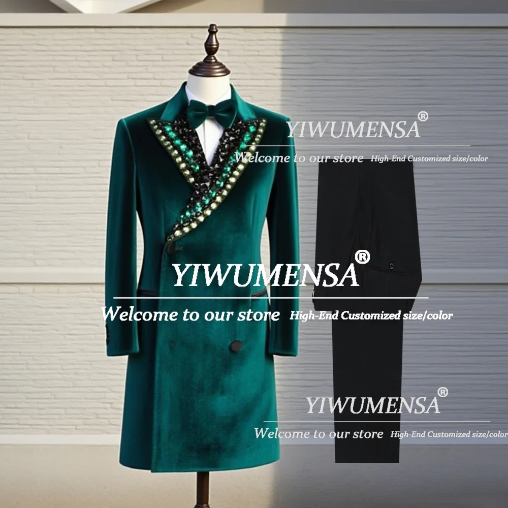 

Sparkling Beaded Stones Long Suits Men For Wedding Outfits 2 Pieces Sets Double Breasted Prom Blazers Customized Banquet Tuxedos
