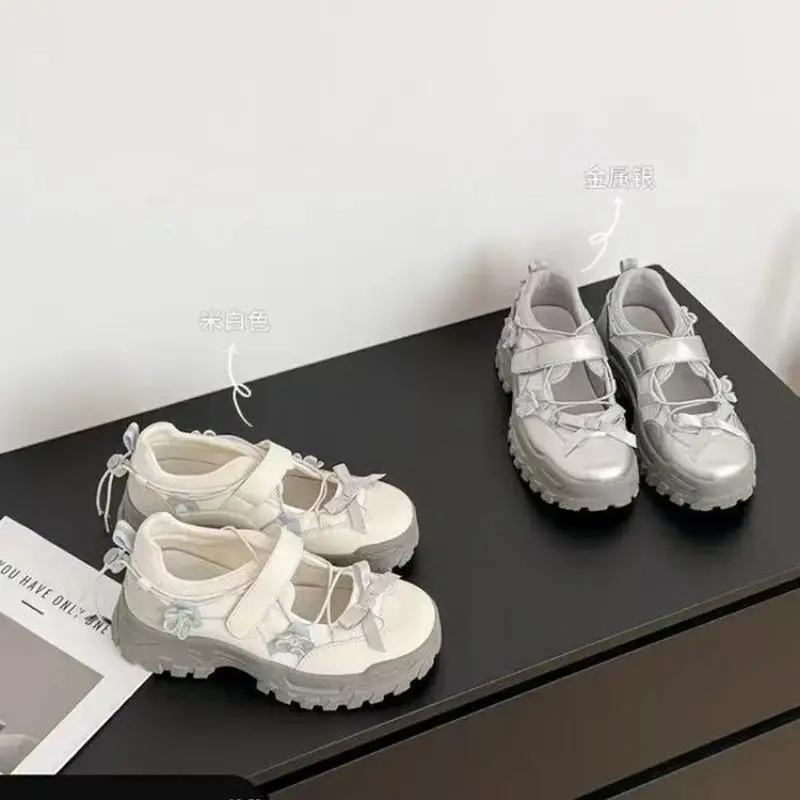 Women Mary Jane Shoes with Knot Thick Bottom Heightening Magic Tape Sports Round Head Ladies Sneakers - view 2