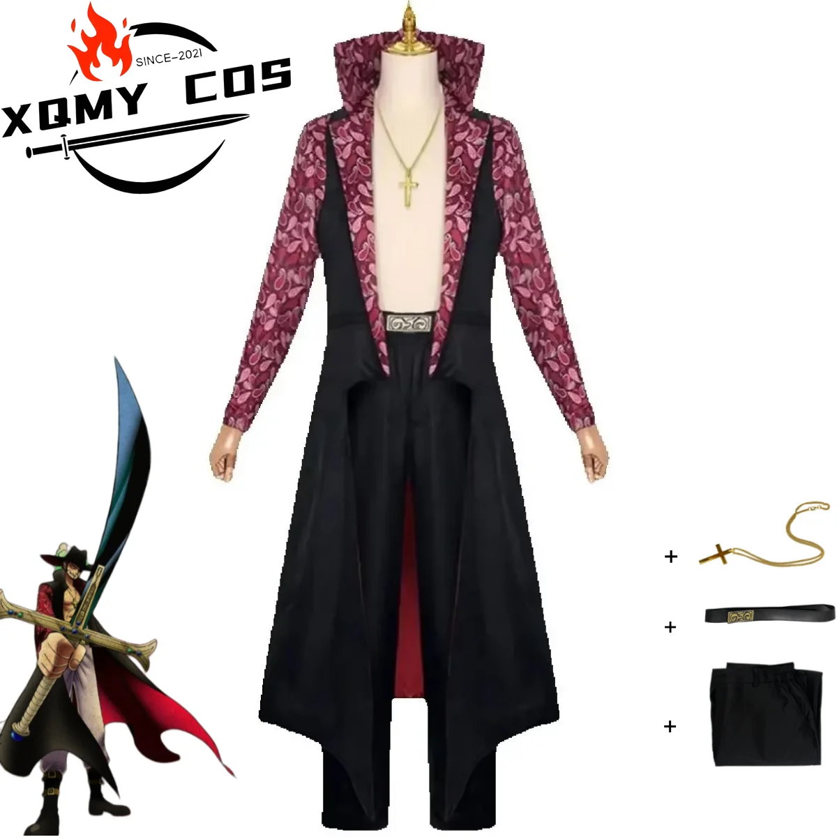 

XQLive Action Movies Dracule Mihawk Косплей Костюм-стойка с черным принтом и длинными рукавами, пальто, Тренч, полный комплект, мужской костюм