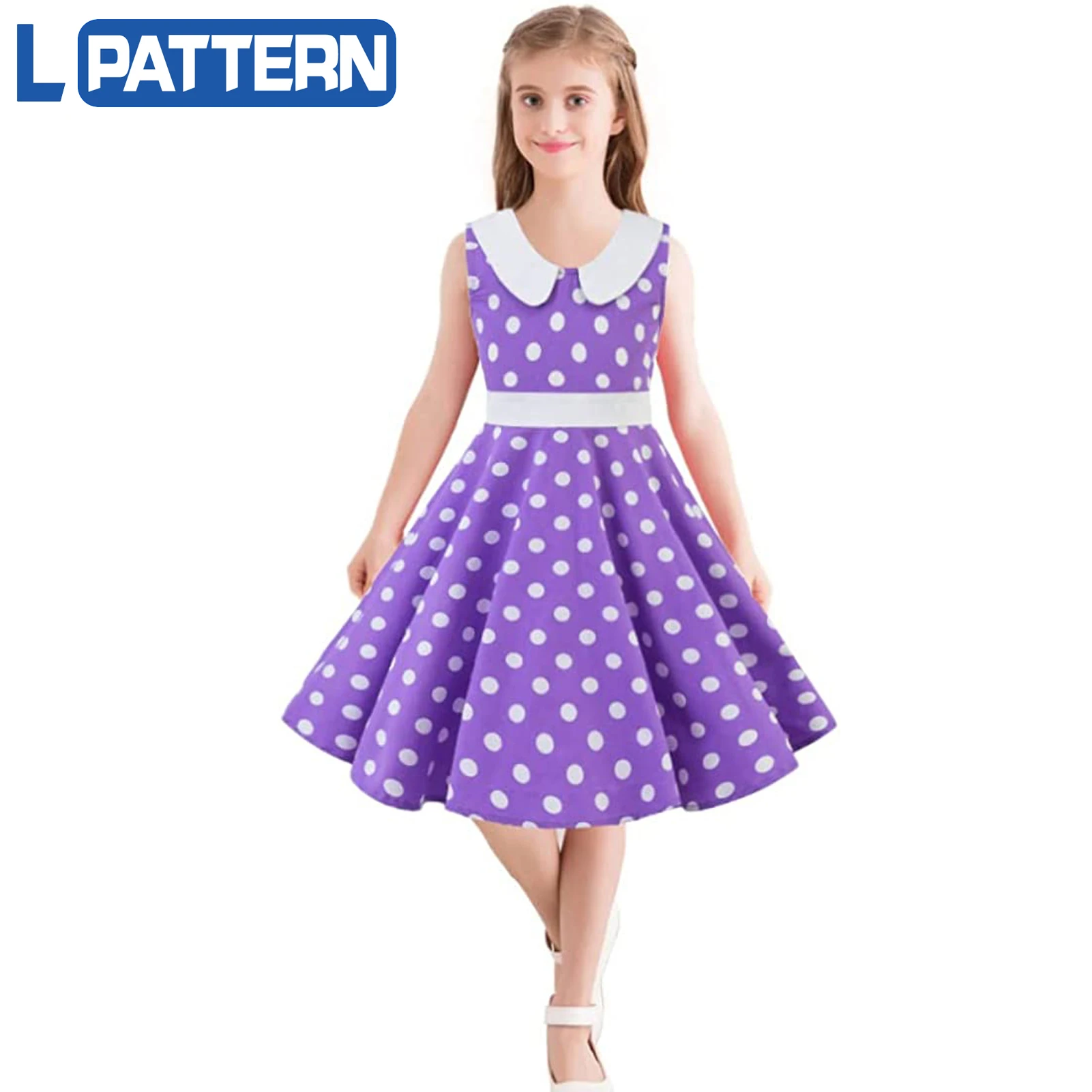 LPATTERN-vestido Rockabilly Vintage para niña, vestidos de fiesta Retro con estampado Floral de lunares, Falda plisada hasta la rodilla para 4-10