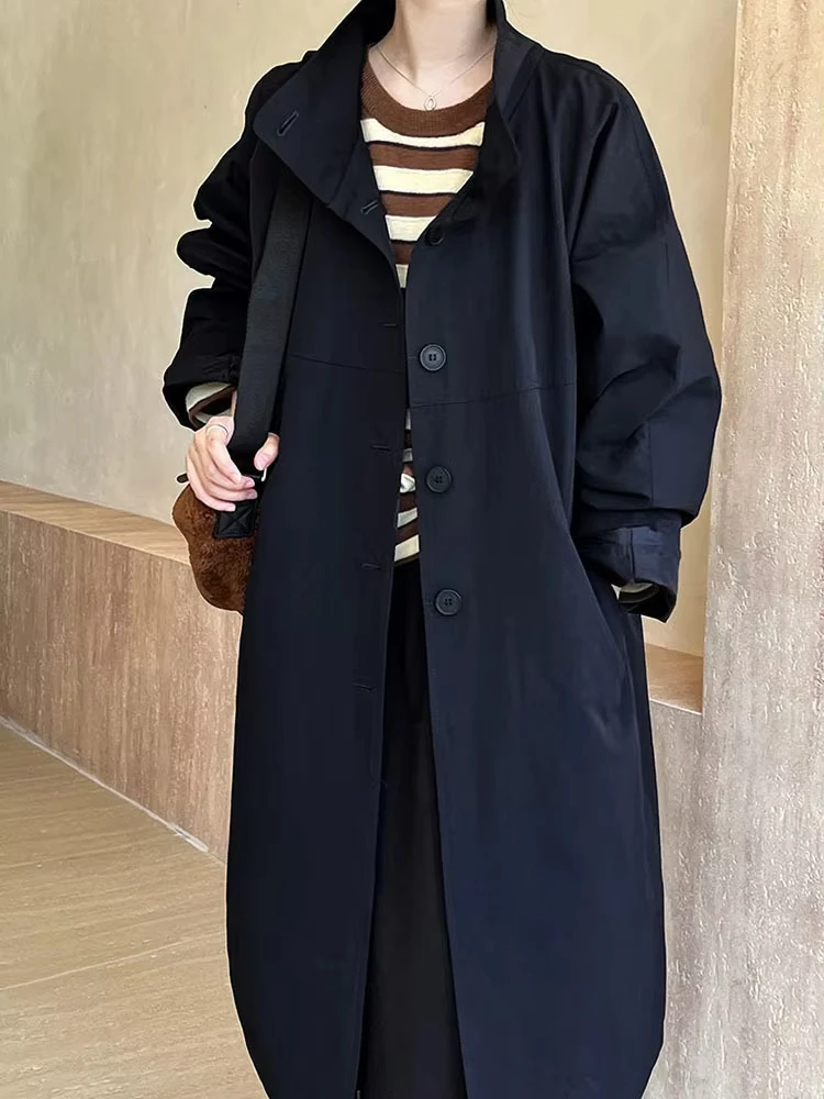 Women Navy Blue Big Size Long Elegant Trench New Stand Collar Long Sleeve Windbreaker Fashion Spring Autumn 2024 1DH6843