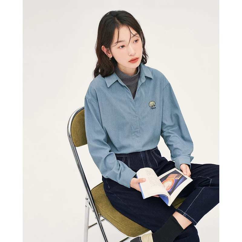 Toyouth Women Fake Two Piece Corduroy Shirts 2022 Winter Long Sleeve Half Turtleneck Loose Blouse Khaki Blue Streetwear Tops