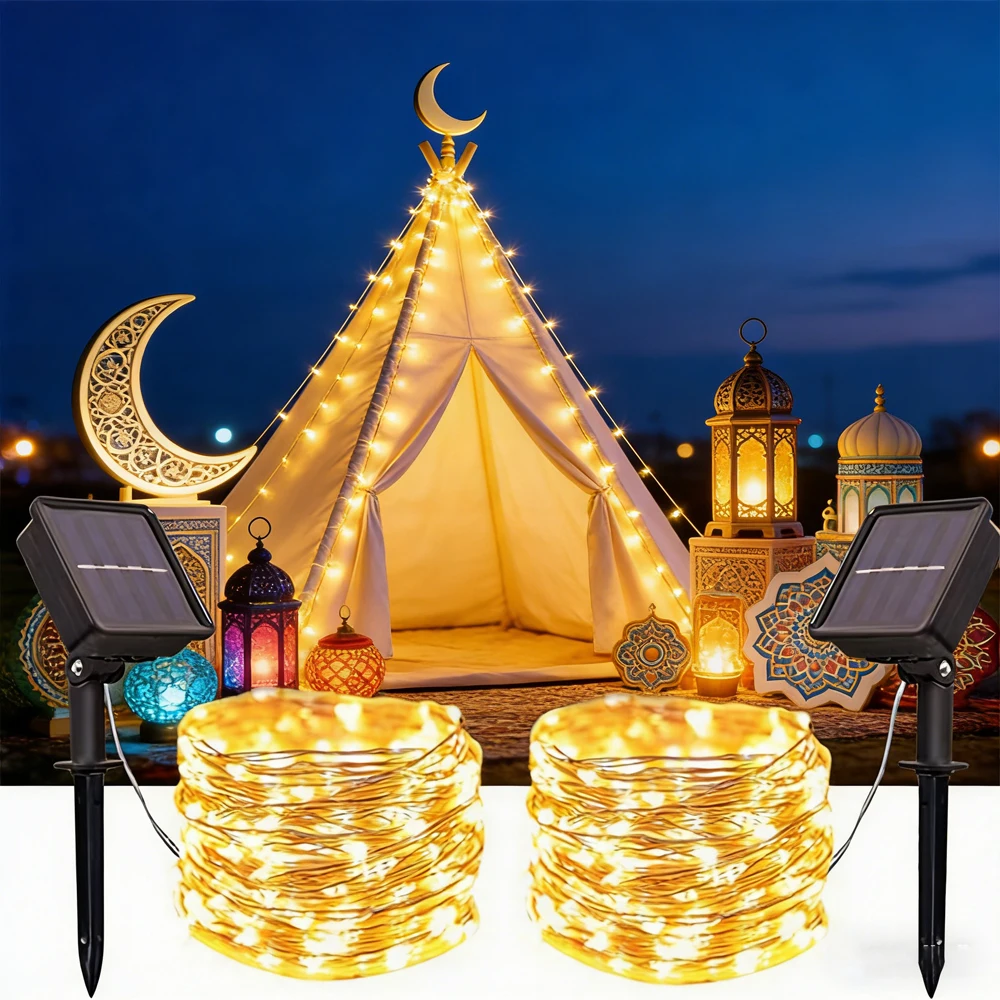 

Светодиодная гирлянда на солнечных батареях для декора сада и дома, 8 режимов, медная проволока, для украшения на День матери и праздника Ид Мубарак, для свадебного декора