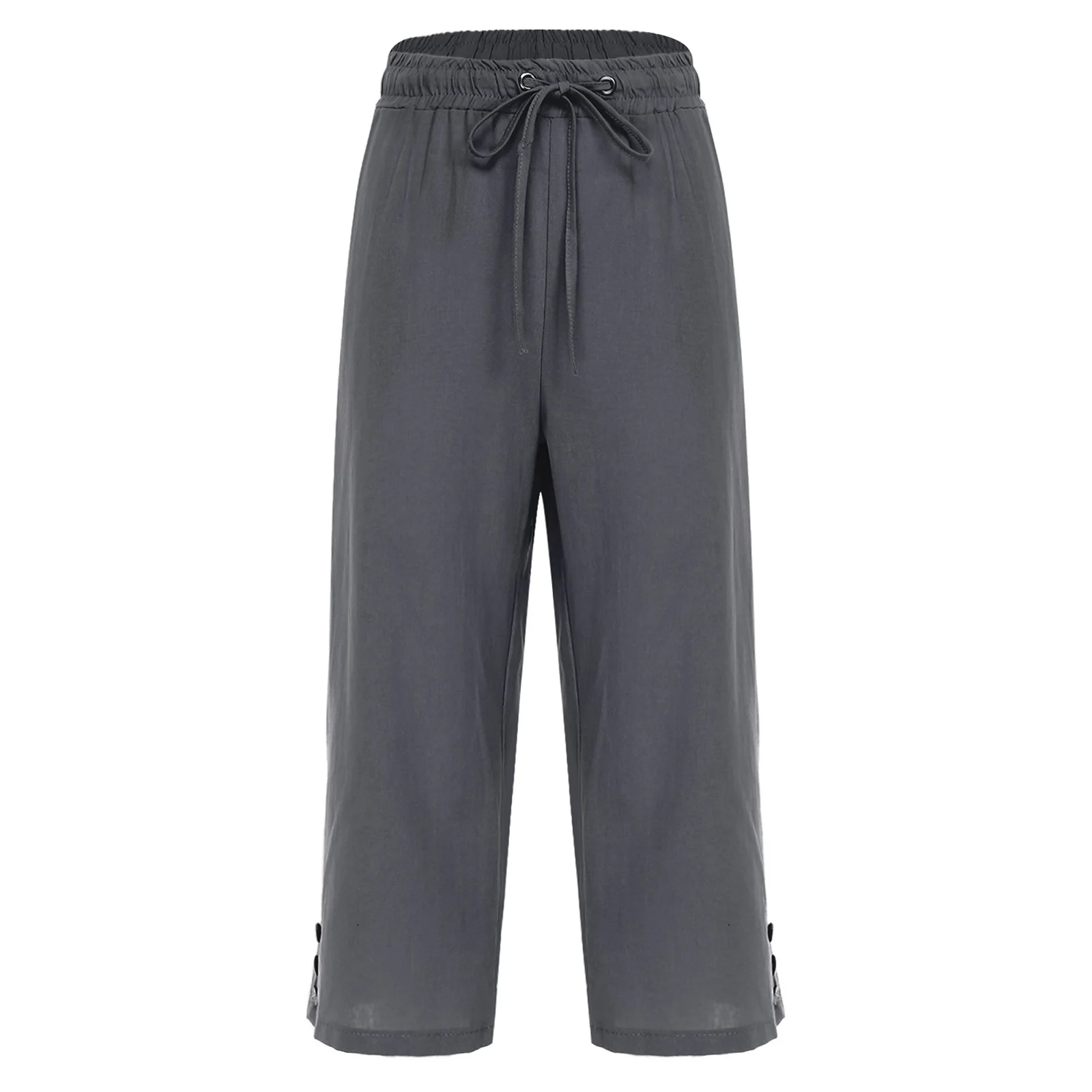 

Womens Casual Capri Pants Elastic Waist with Drawstring Buttons Decorated Straight Pants Loungewear for Daily Office Holiday
