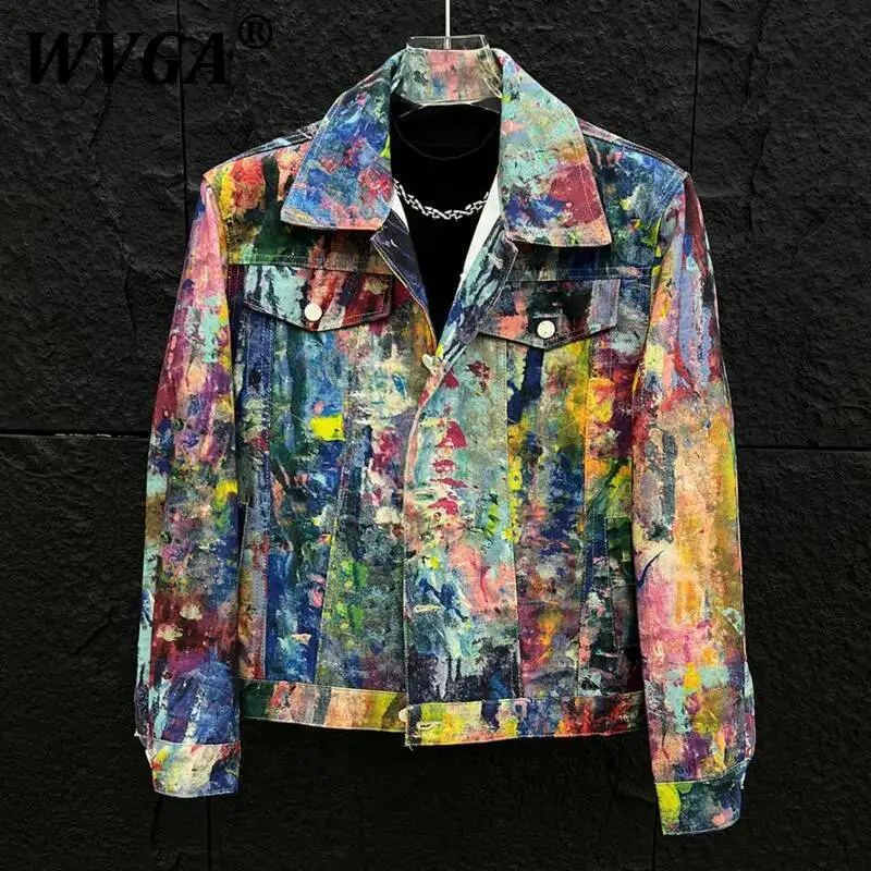 

WVGA Spring Autumn New Men's Tide Techwear Niche Design Personality Painted Graffiti Denim Jacket Trendy Loose Casual Tops W7430