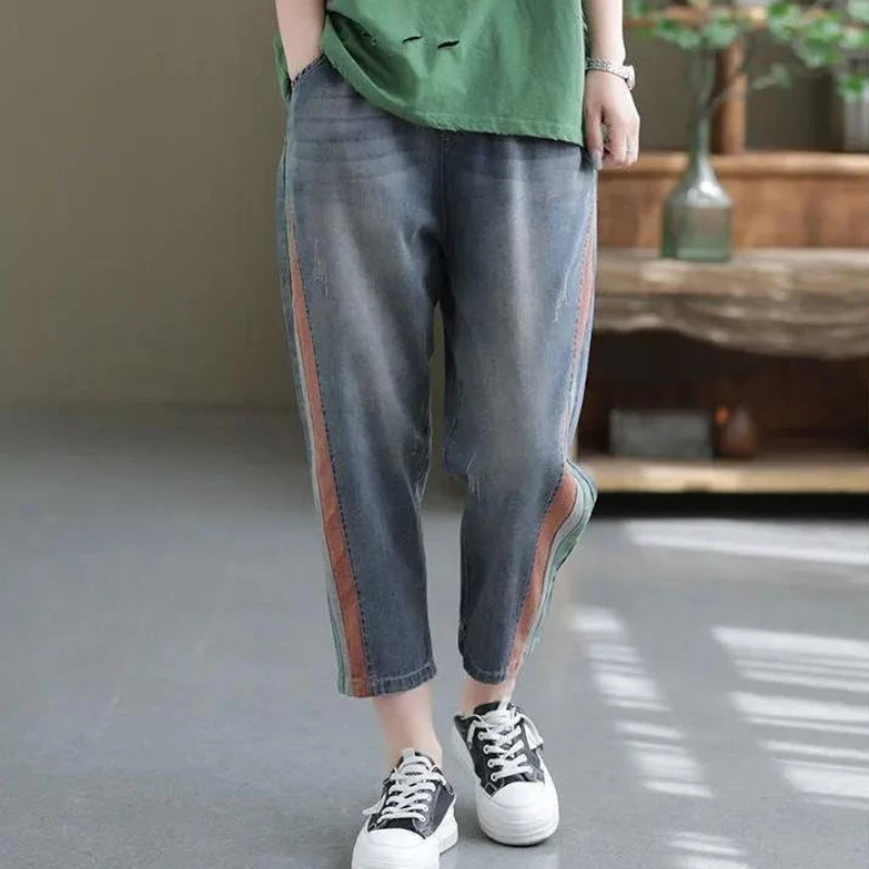 Summer Women Denim Cropped Pants Patchwork Contrast Color Loose Fit Casual Harem Tight Waistband Comfortable Daily Wear