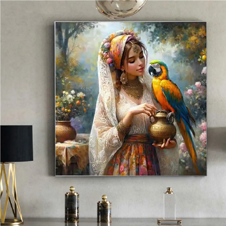 Woman Parrot Full Square Round Russian Girl Diamond Painting Kit Diamond Mosaic 5D DIY Cross Stitch Kits Diamond Home Decoration