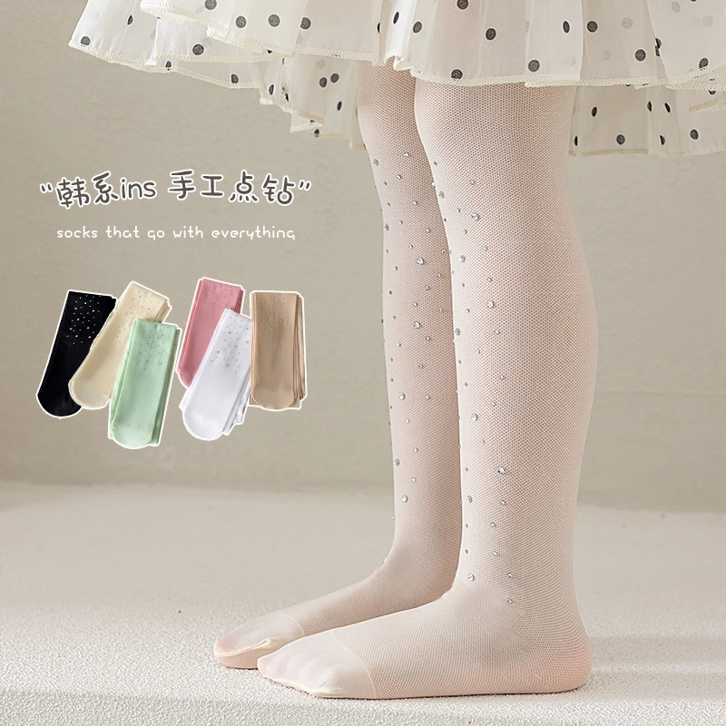 Kids Girls Candy Color Mesh Tights with Rhinestone Decor Breathable Hollow Out Design Soft Stretchy Comfortable Footed Pantyhose