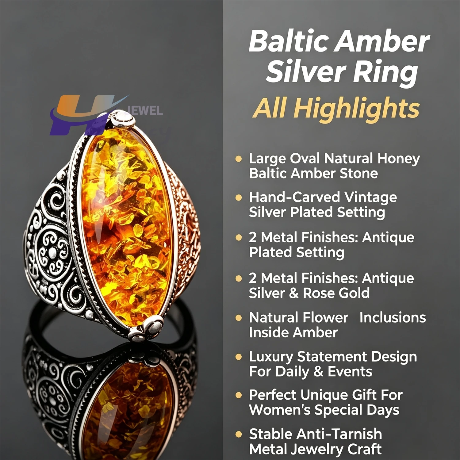Baltic Amber Oval Solitaire Ring, Natural Honey Amber Stone Silver Setting Jewelry, Unique Gift for Her Birthday Anniversary - view 5