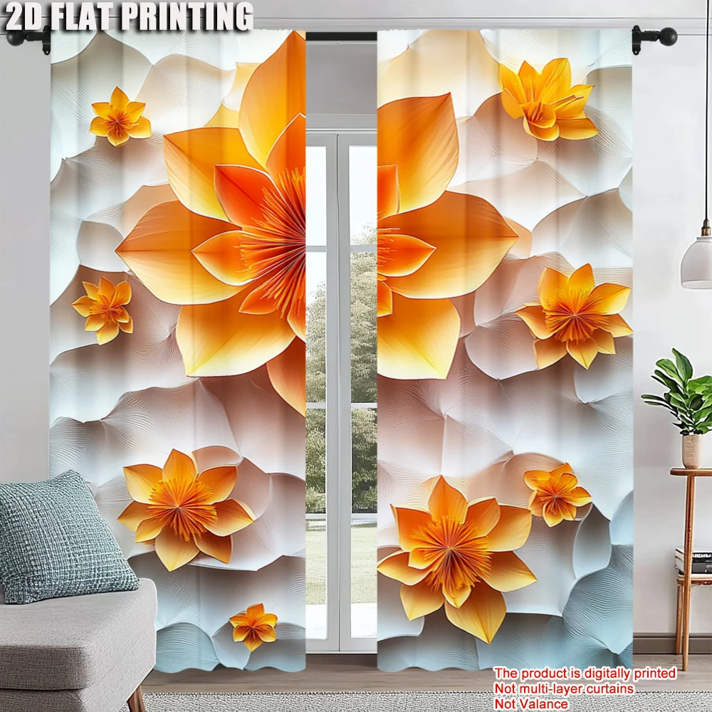 

2Pcs Glam Style Curtain Panels Orange Red Floral Print With Hexagon Background Machine Washable Polyester Decorative Drapes_ai16
