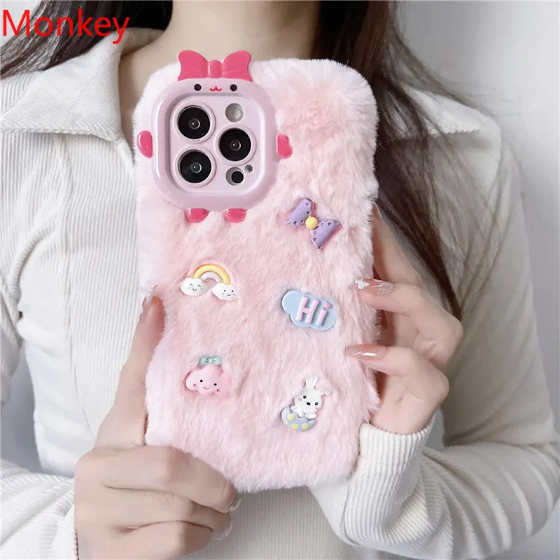 3D Cute Rainbow Rabbit Phone Case For iPhone 14 15 Pro Max Case 12 11 promax Hairy Fur Protective Soft Back Cover for iphone 13