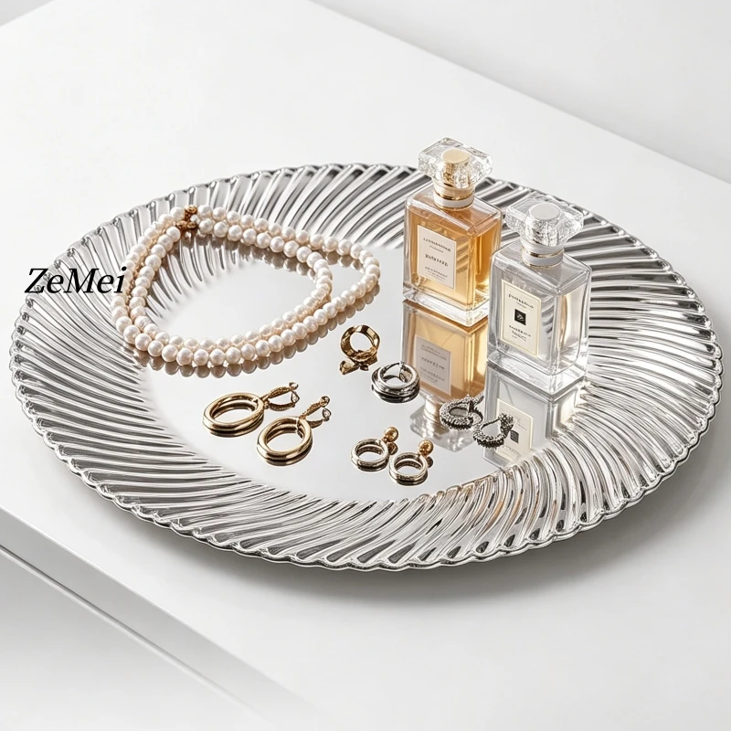French Style Silver Circle Fruit Tray,Die Casting Corrugation Portable Metal Food Plate,Cake Storage Plate Banquet Decoration