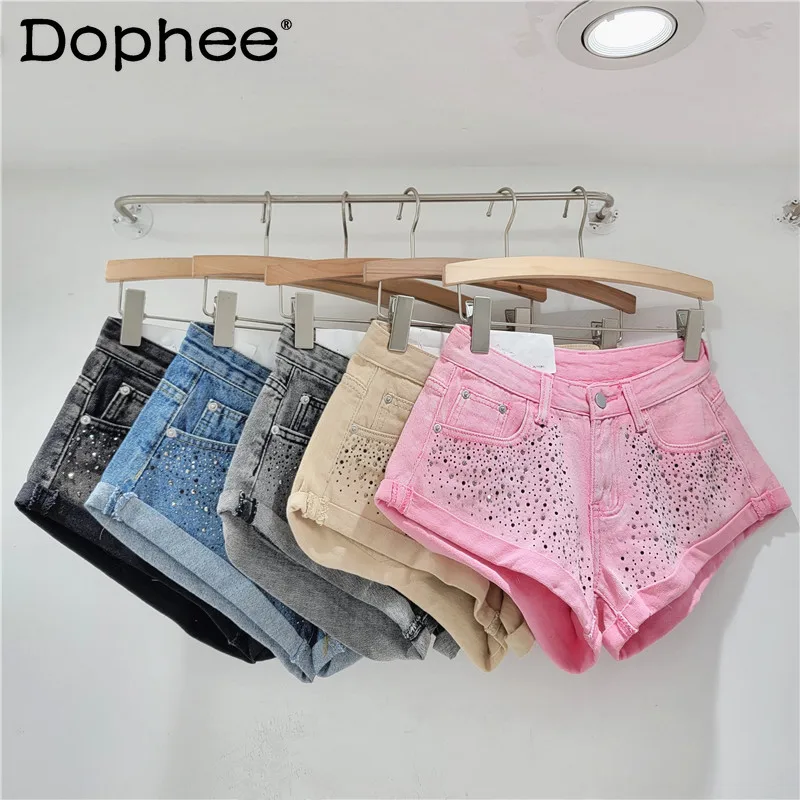 Fashion Retro Rhinestone Denim Shorts Women 2024 Summer New A- Line Wide Leg Short Pants Ultra Short Booty Shorts for Hot Girls