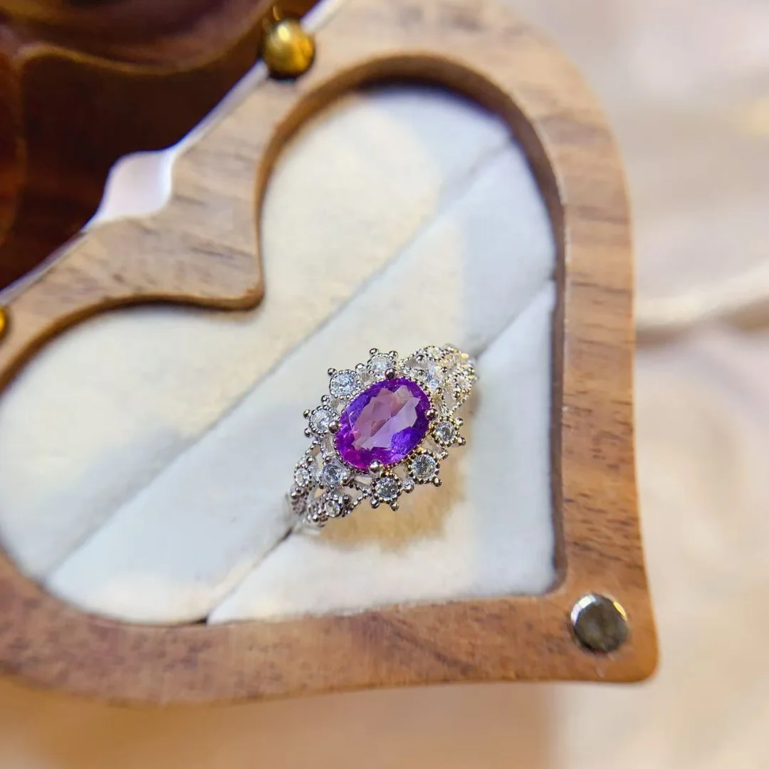

Artisan Designed Natural Amethyst Ring S925 Sterling Silver Inlay Lustrous Purple Gem Superior Quality Delicate Glamorous