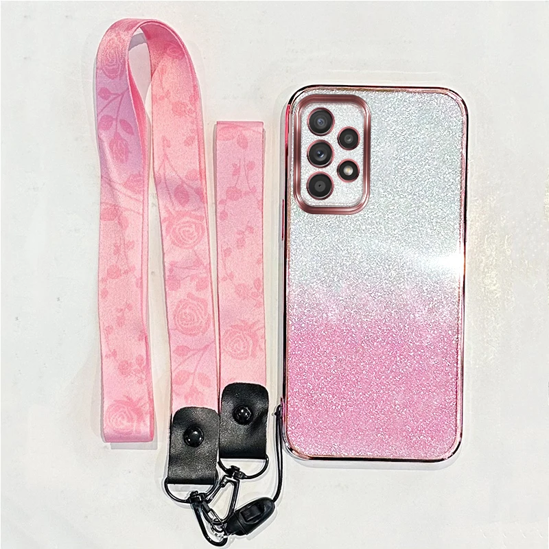 A52 A32 Fashion Rose Anti-Loss Lanyard Strap Glitter Case for Samsung Galaxy A53 A33 A13 A23 A52 A32 A72 4G 5G Back Cover 32 52