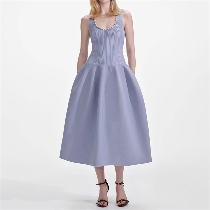

Summer New Women's Water Diamond Nail Bead U-shaped Collar Sleeveless Dress y2k High Quality Fashion Evening Knitted Long Dress