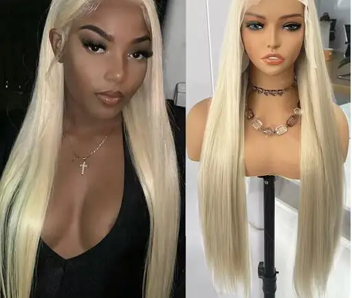 13x6 Platinum Blonde Wig Synthetic Lace Frontal Wigs For Women Long Silky Straight Blonde Wig Cosplay Wear Lace Wigs Daily Use