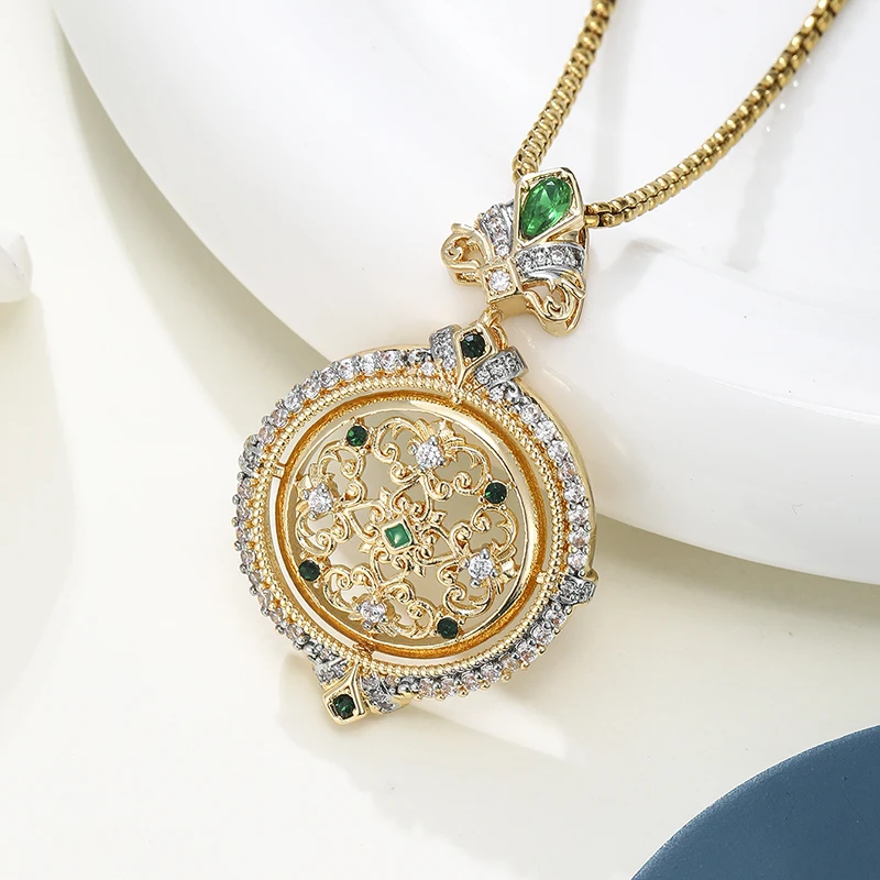 Vintage Bohemian Style Hollow Out Carved Round Gold Color Necklace Zirconia Pendant Necklace Retro Court Style Jewelry Gift