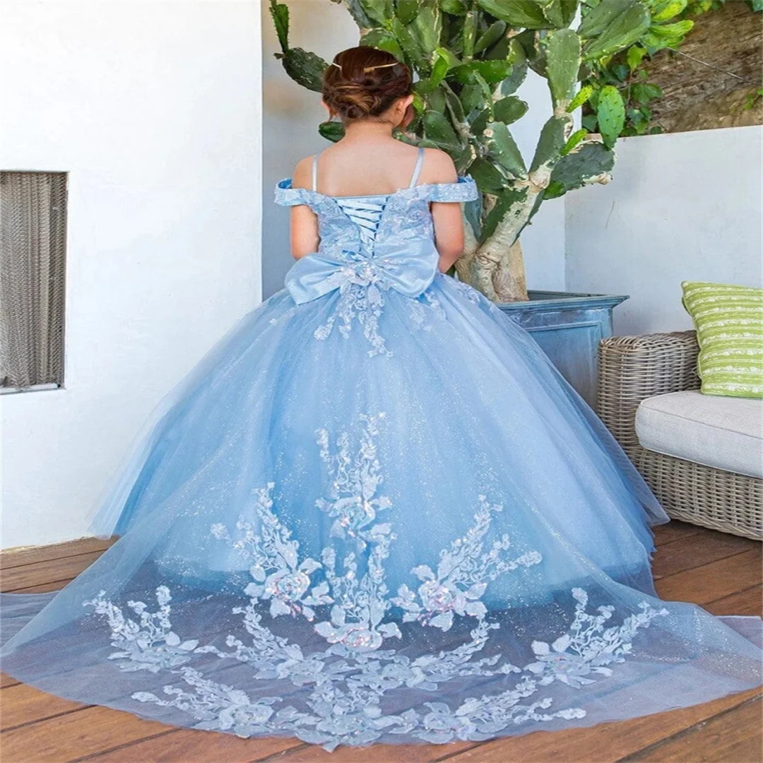 Customized Sky Blue Flower Girl Dress Tulle Floral Appliques Sleeve For Wedding Birthday Evening Prom Banquet Princess Gown
