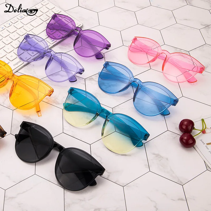 Fashion Candy Color Transparent Sunglasses UV400 Oval Frameless Sun Glasses Vintage Red Pink Blue Yellow Orange Eyewear