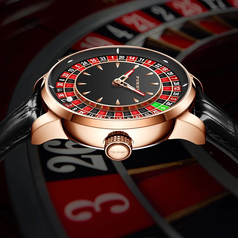 PINDU Players Gambling Series Men\'s Mechanical Watch European Roulette Poker Game Dial Automatic Movement Design Party Watch