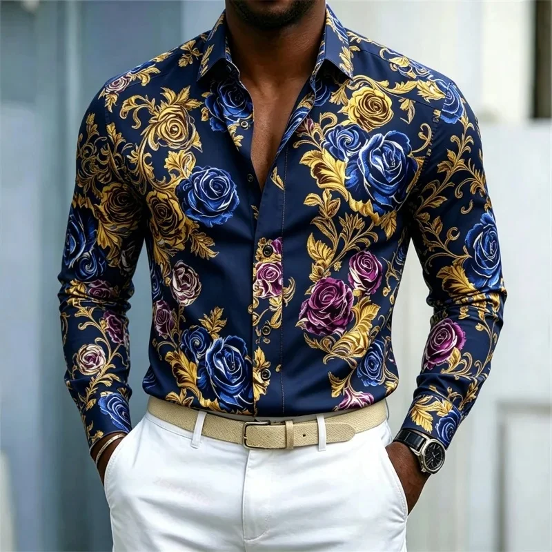 2026 Men's 3Dprintin Shirt French Retro Blue Purple Gold Rose Flower Shirt White Background Pattern Slim Fit Long Sleeved Shirt