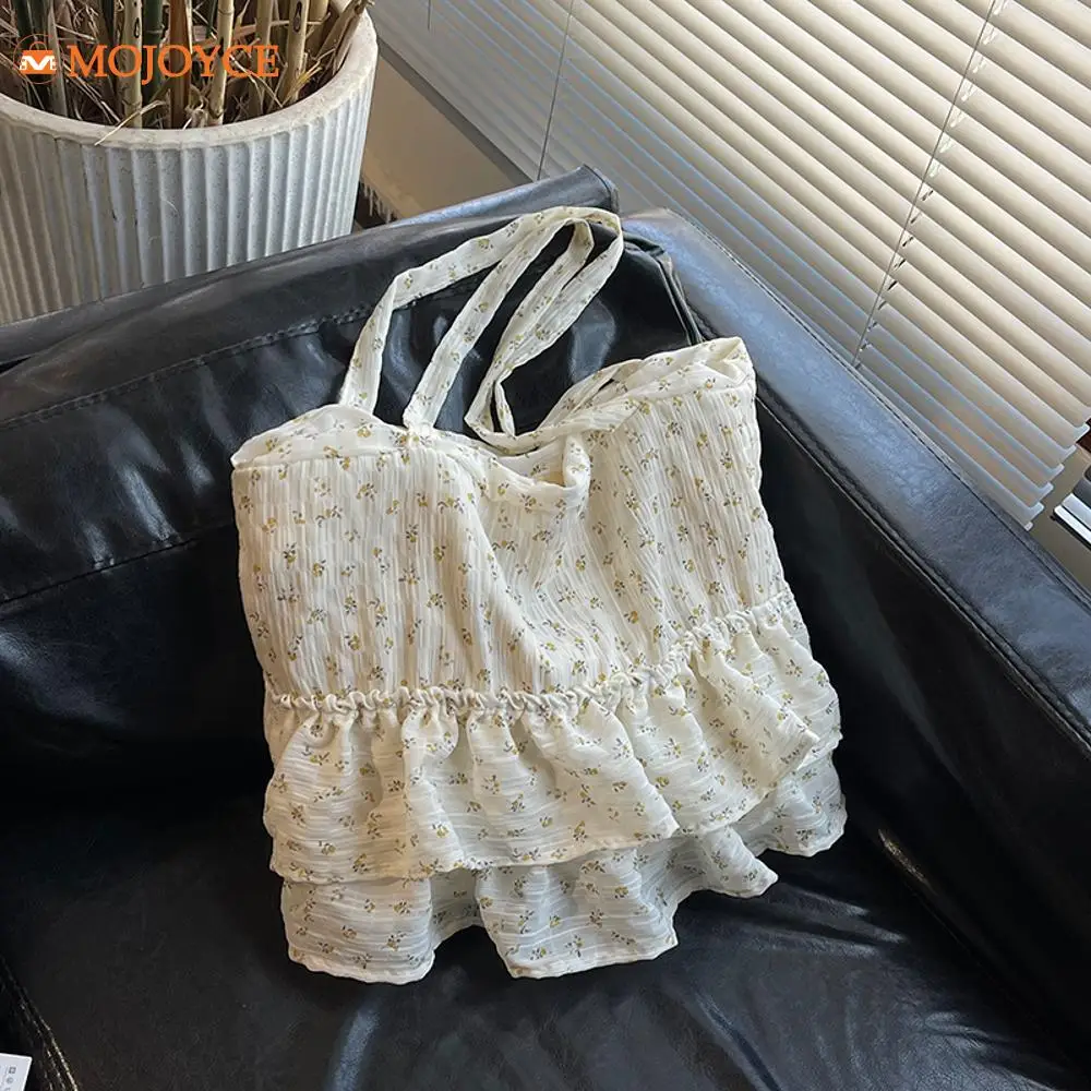 

Sweet Ruffled Shoulder Armpit Bag Folding Floral Skirt Handbags Large Capacity Commuting Tote Bag Summer Girls Underarm Pouch