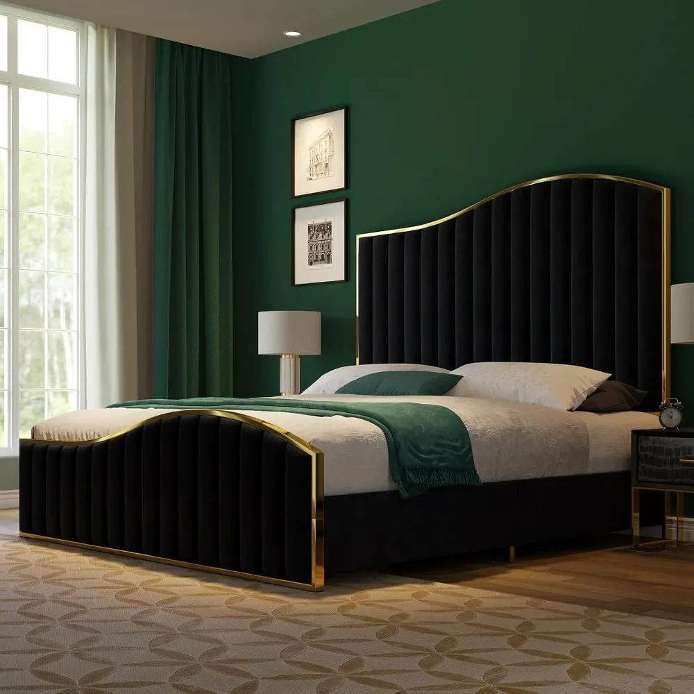 Queen Size Harp Bed Frame, Velvet Upholstered Platform Bed with 61.4" Vertical Channel Gold Trim Headboard & Footboard