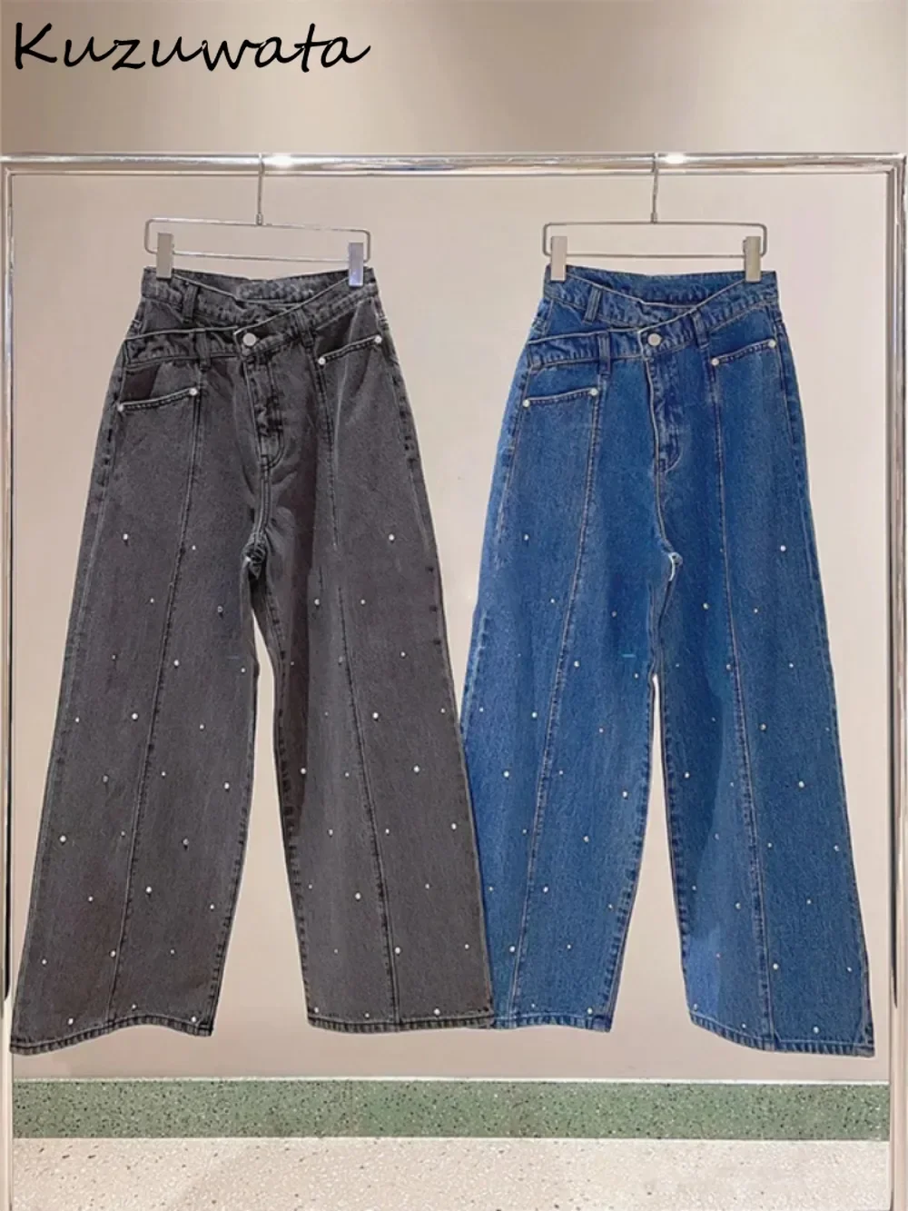 

Kuzuwata Casual New All-match Beading Denim Pant Cotton High Waist Mid-length Wide Leg Pants Japan Moda Slant Patchwork Trousers