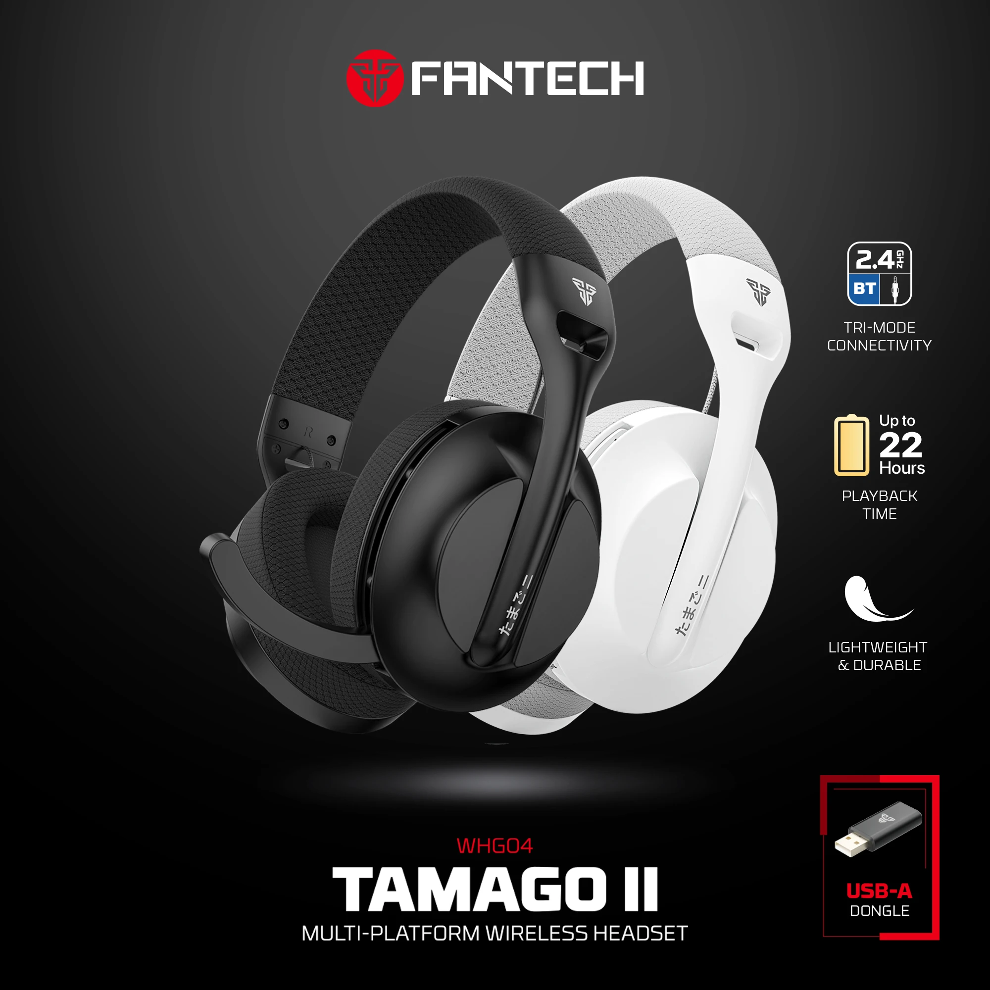 FANTECH WHG04 TAMAGO II Gaming-Kopfhörer BT5.3 2,4 G kabelloses Headset mit geringer Latenz und ENC-Mikrofon für PC PS4/5 Xbox