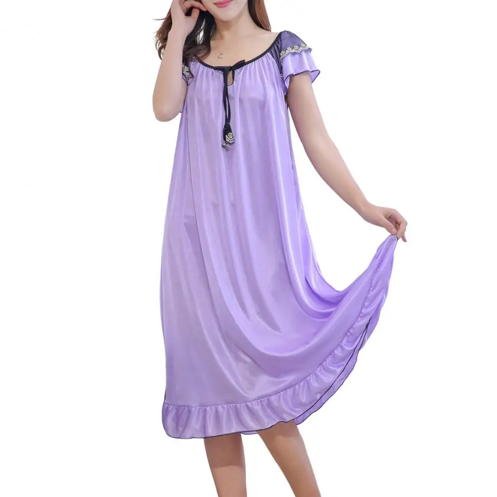 Satin Pajama Dress Women Lounge O-Neck Lace-up Short Sleeve Thin Sleeping Dress Ruffle Hem Summer Nightdress