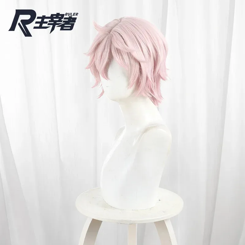 Genshin Impact Dahlia Cosplay Hellrosa Kurze Neue Skins Heterochromia Boy Mondstadt Faserhaar + Perückenkappe Halloweenx,5;d'2.y;8'