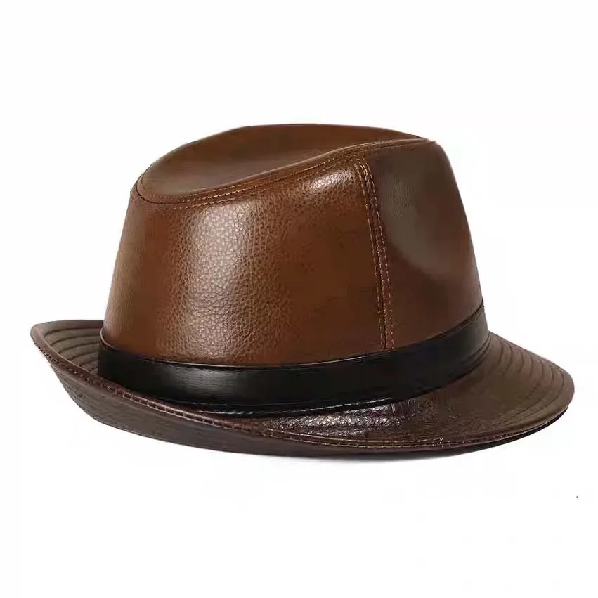Man High Quality Genuine Leather Jazz Fedora Gentleman Cowhide Short Brim Black/Brown Top Hat Male Shows Topper Color Blocking