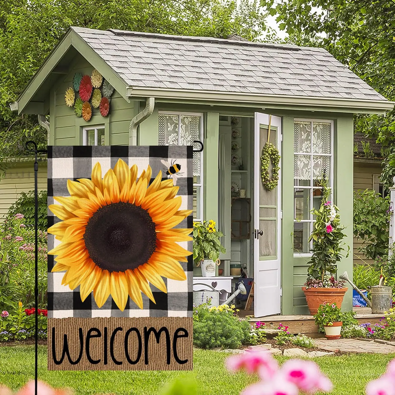 4TH Emotion Summer Sunflower Garden Flag 12x18 Double Sided for Outside, Spring Welcome Buffalo Check Bumble Bee Small Burlap Ya