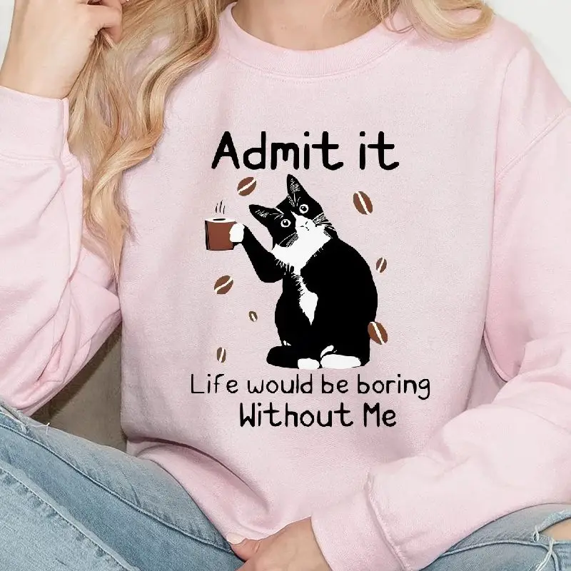 Aesthetic Sweatshirt Long Sleeves Stylish Pullover Y2K Graphic Hoodies Crew Neck Casual Daily Wear Funny Cat Meme Admit It