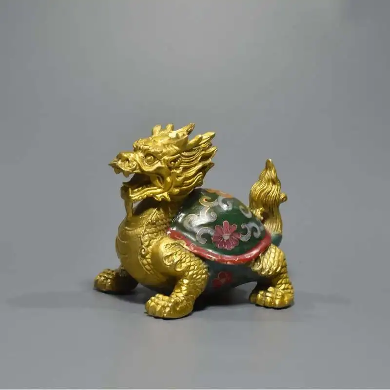 Copper-bodied cloisonné dragon turtle home living room decoration, gilded brass craft ornament