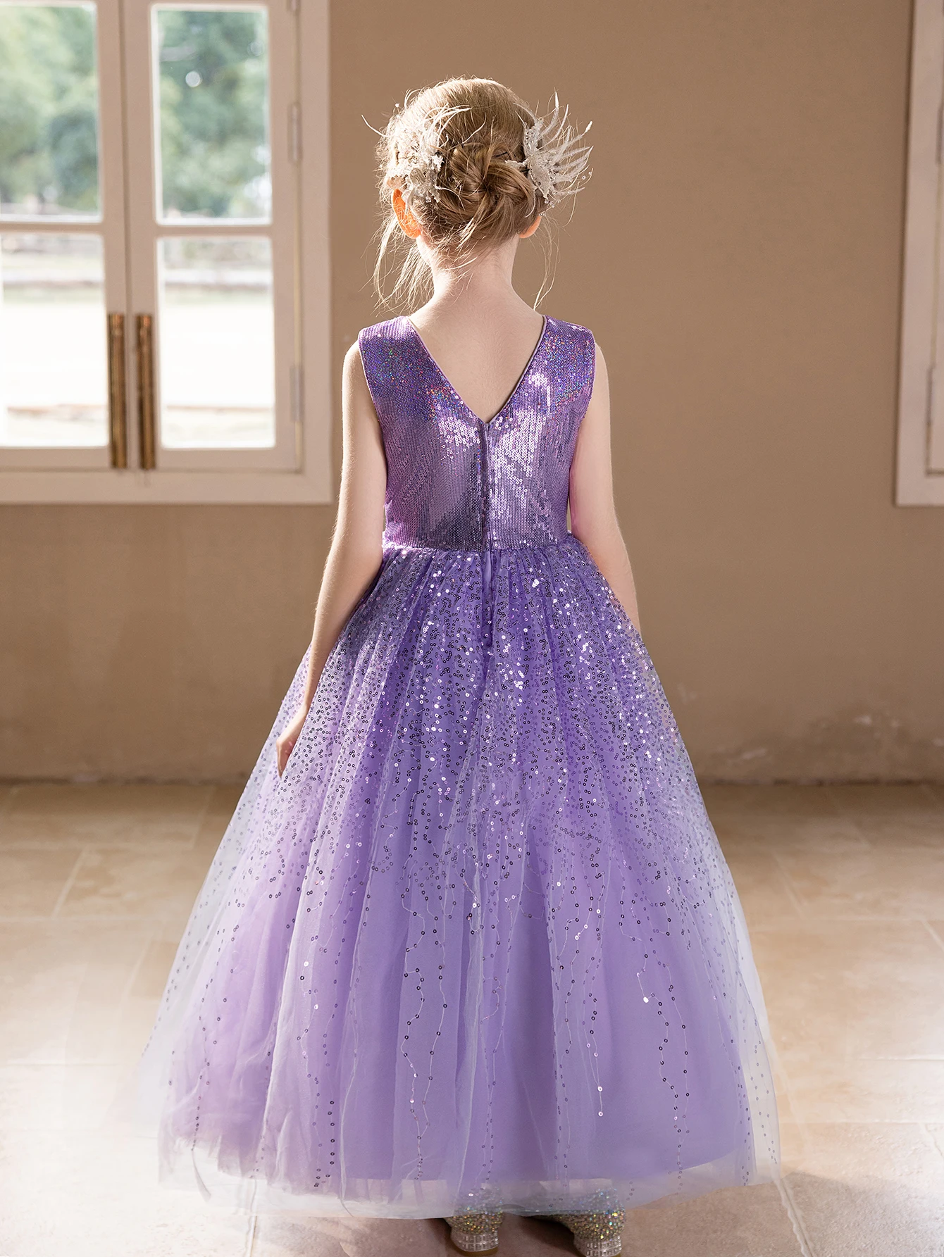Princess Costume High-end Purple Sequined Dress for Girls Birthday Party Puffy Gauze Skirt Girl Wedding Dress