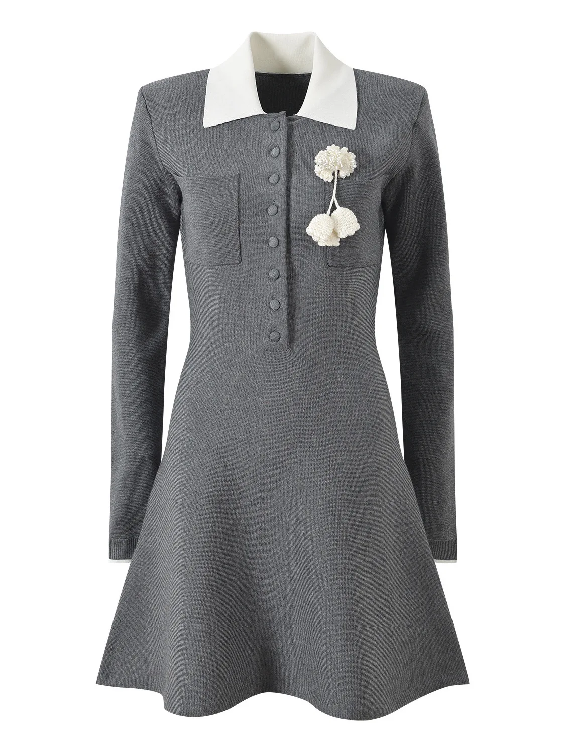 

Autumn 2025 Slim Fit Knitted Dr with Hook Embroidery Long Sve Turn-down Collar Color Blo Casual Sle Ladies Dr