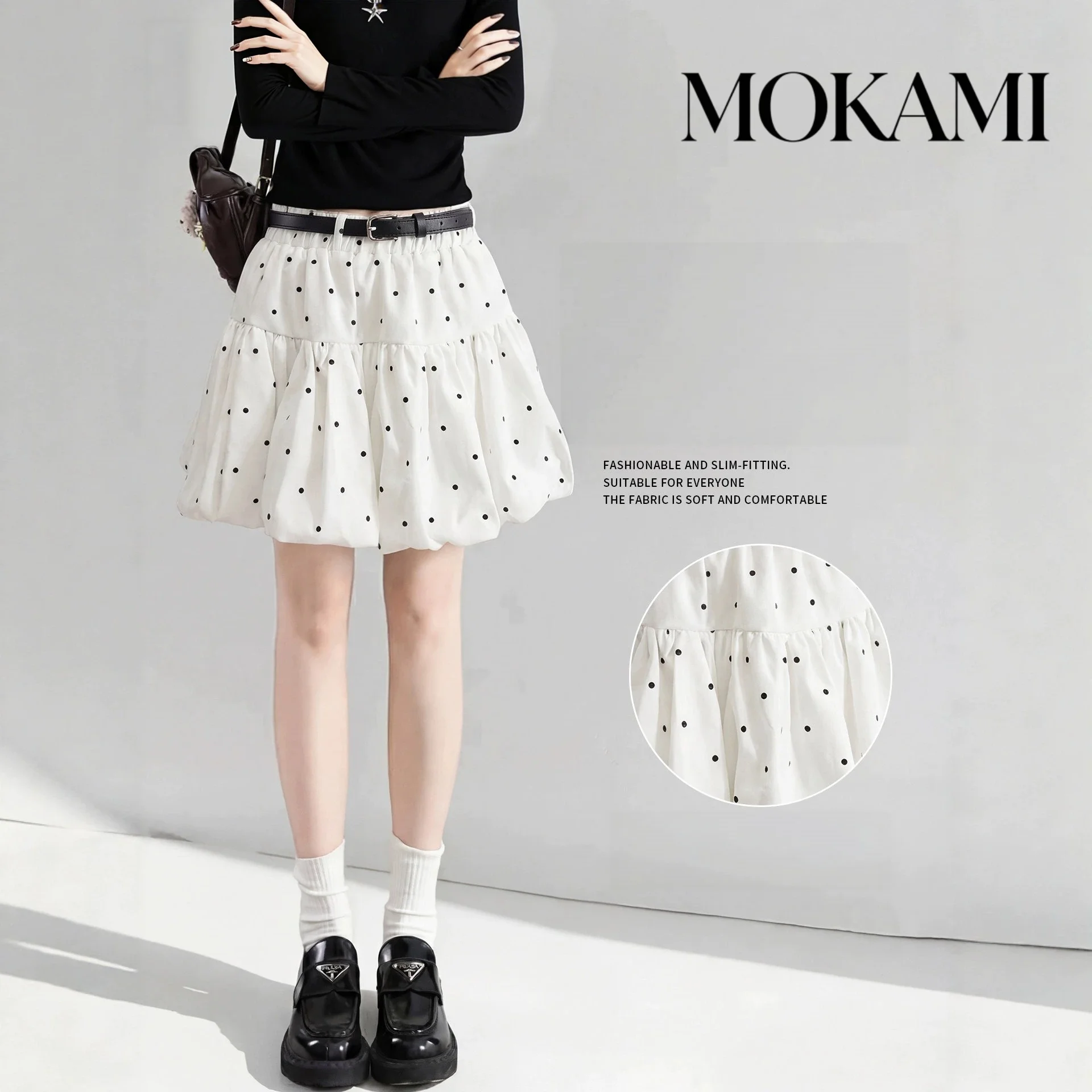 White Retro Polka Dot Flower Bud Short Skirt for Women in Summer, High Waist A-Line, Slimming and Fluffy Half Body Bubble Skirt