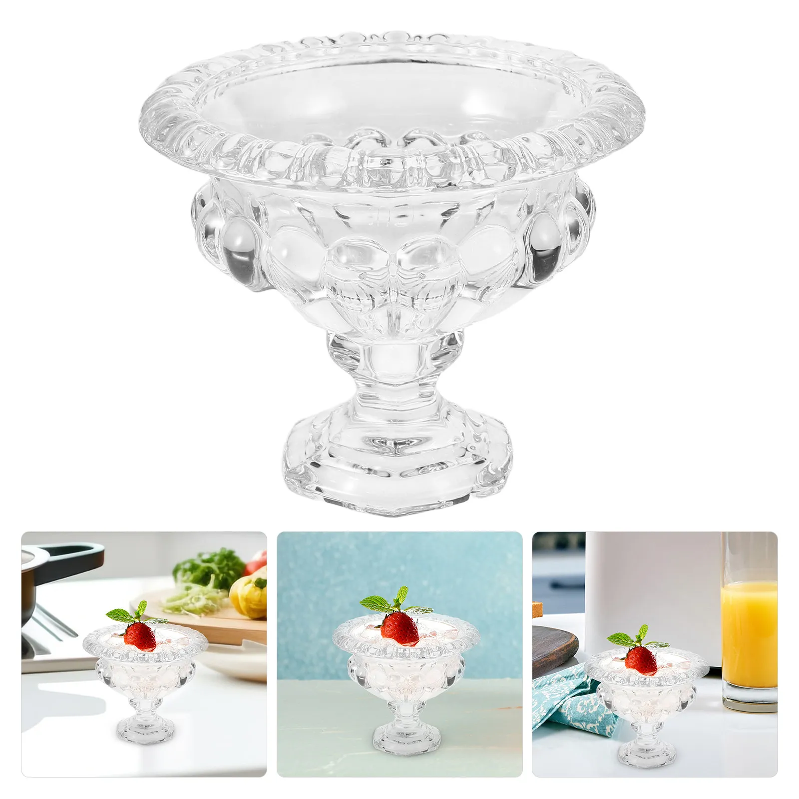 

European Style Glass Ice Cream Bowls Embossed Transparent Dessert Cups for Pudding Fruit Cold Beverages Glass Ice Cream Bowls