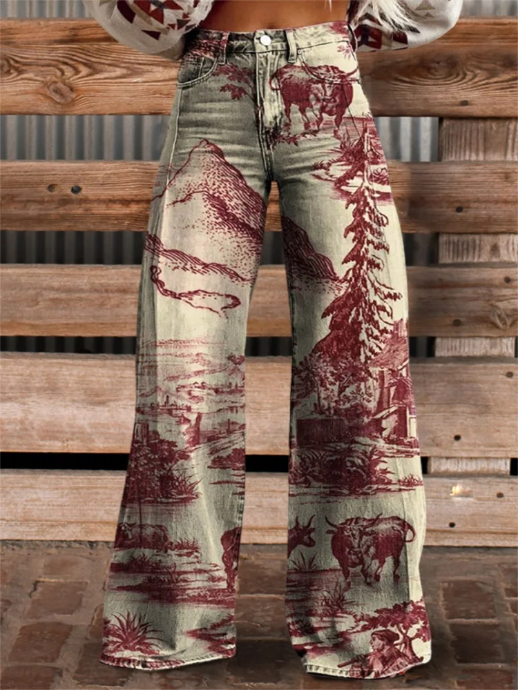 Spring, Summer, and Autumn Women's Long Pants 3D Digital Printing Imitation Jeans Thin Fabric Color Blocked Wide Leg Pants