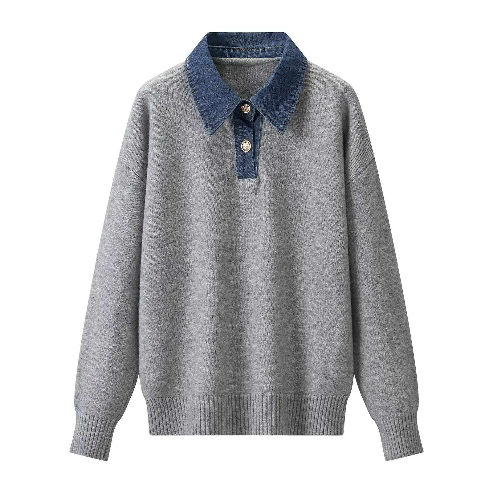 Women's Jean Patchwork Knitted Sweater Spring Autumn Female Denim Splicing Polo Collar Pullover Sweater Lady Casual Sweater Top