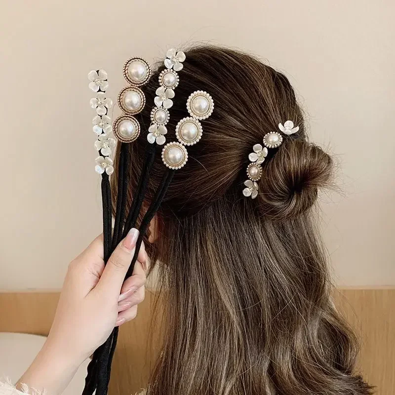 Korean Lazy Hair Curler Styling Accessories Women's Elegant Pearl Flower Hairpin Bun Maker Hair Hairgrip Braiding Tools