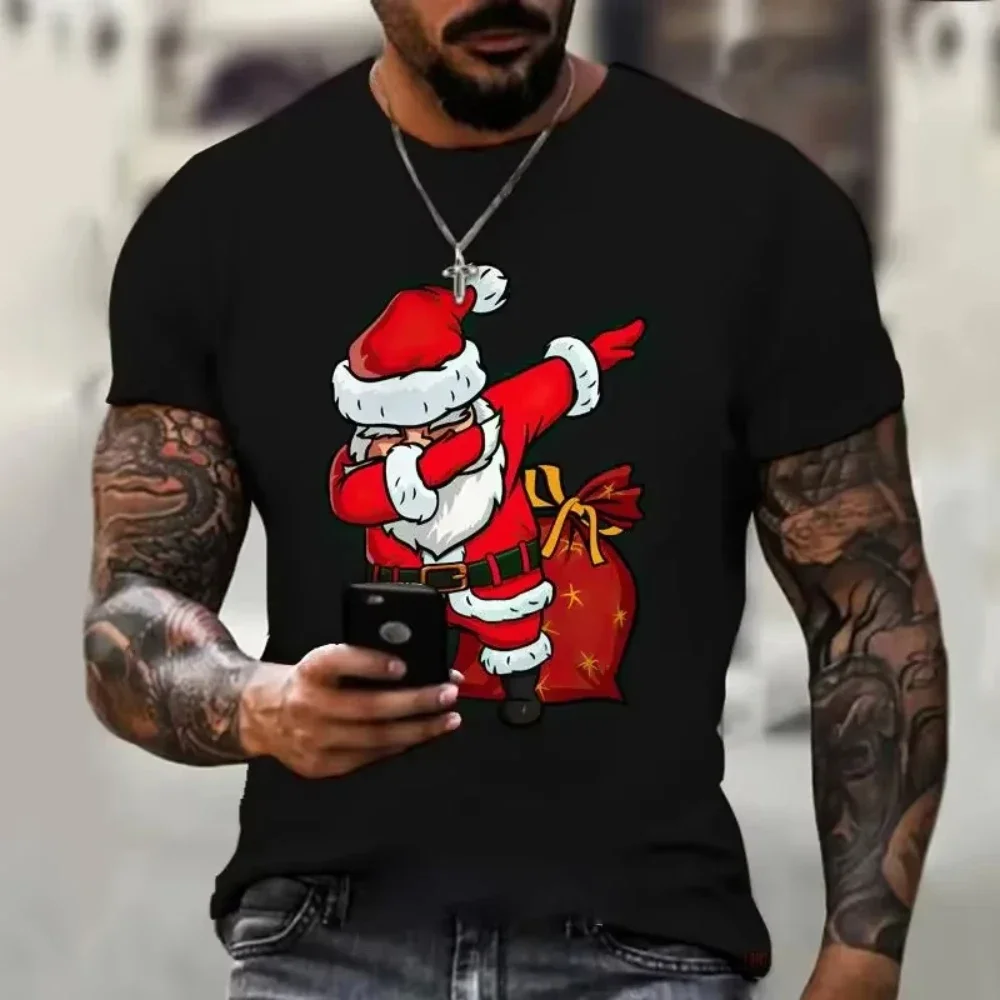 New Men's 3D Torn Paper Effect Santa Claus Holding Gift Box T-Shirt Christmas Short Sleeve Crew Neck Tee Xmas Party Tops for Men