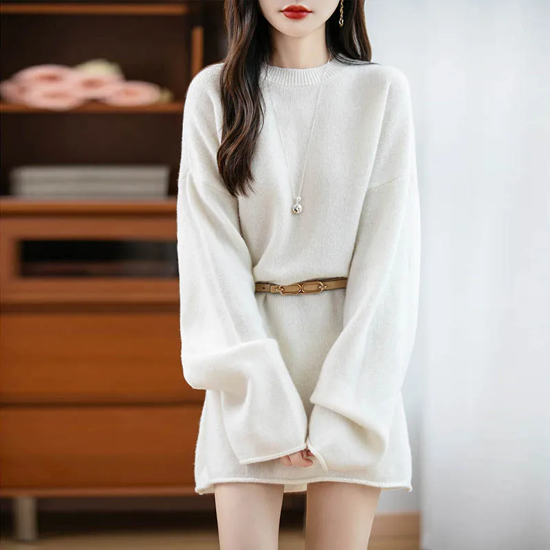 

Autumn Winter 100% Merino Wool Women's Mid Long Wool Pullover Sweater O-Neck Loose Simple Style Cashmere Sweater Knitwear