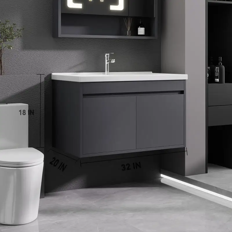 حوض حمام مثبت على الحائط مقاس 32 بوصة مع مجموعة حوض سيراميك، باب خزانة مغلق ناعم، يتضمن استنزاف منبثق وصندوق على شكل حرف P، رمادي