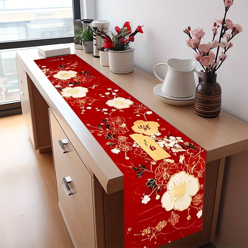 Chinese 2025 Happy New Year Printed Linen Table Runner Home Party Decor China Spring Festival Table Runners Dresser Scarf Decor